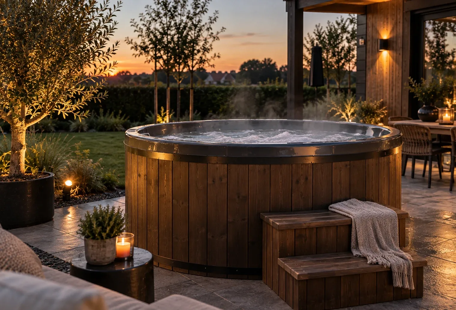 Een houten hottub met dampend water op een terras bij zonsondergang