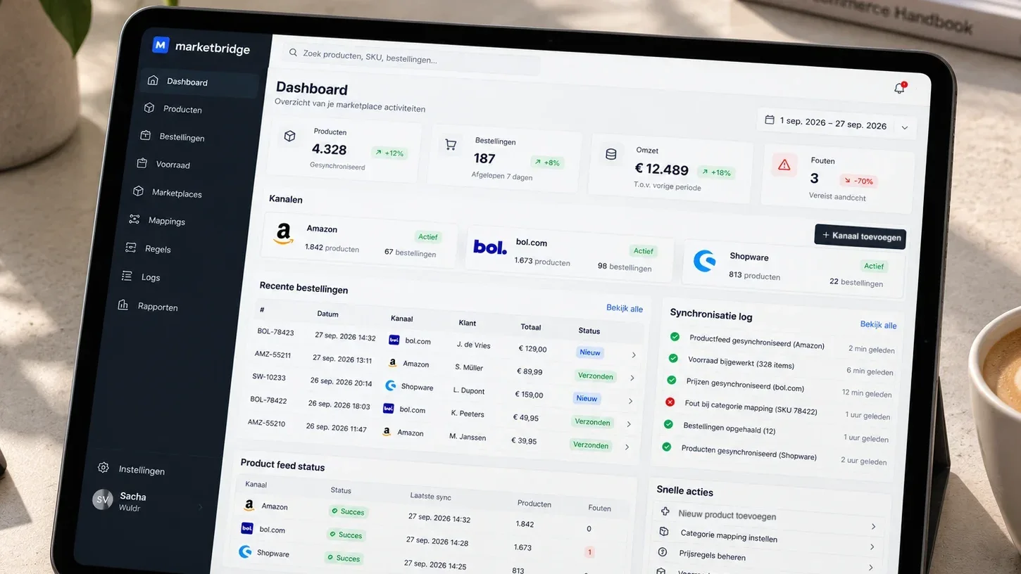 Het MarketBridge-dashboard op een tablet, met verkoopkanalen, recente bestellingen en een synchronisatielog