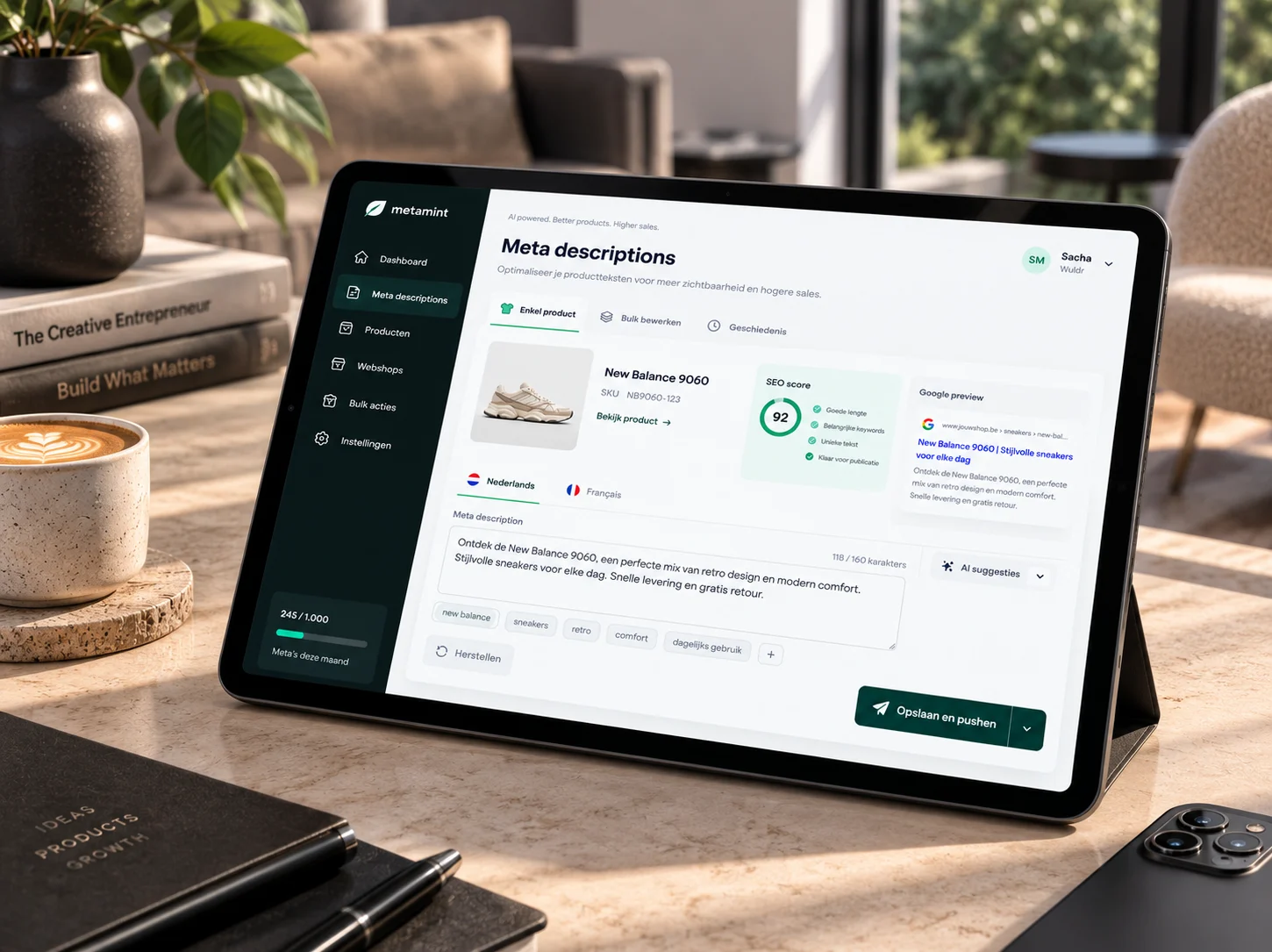 Het MetaMint-dashboard op een tablet, met een meta description en SEO-score voor een product