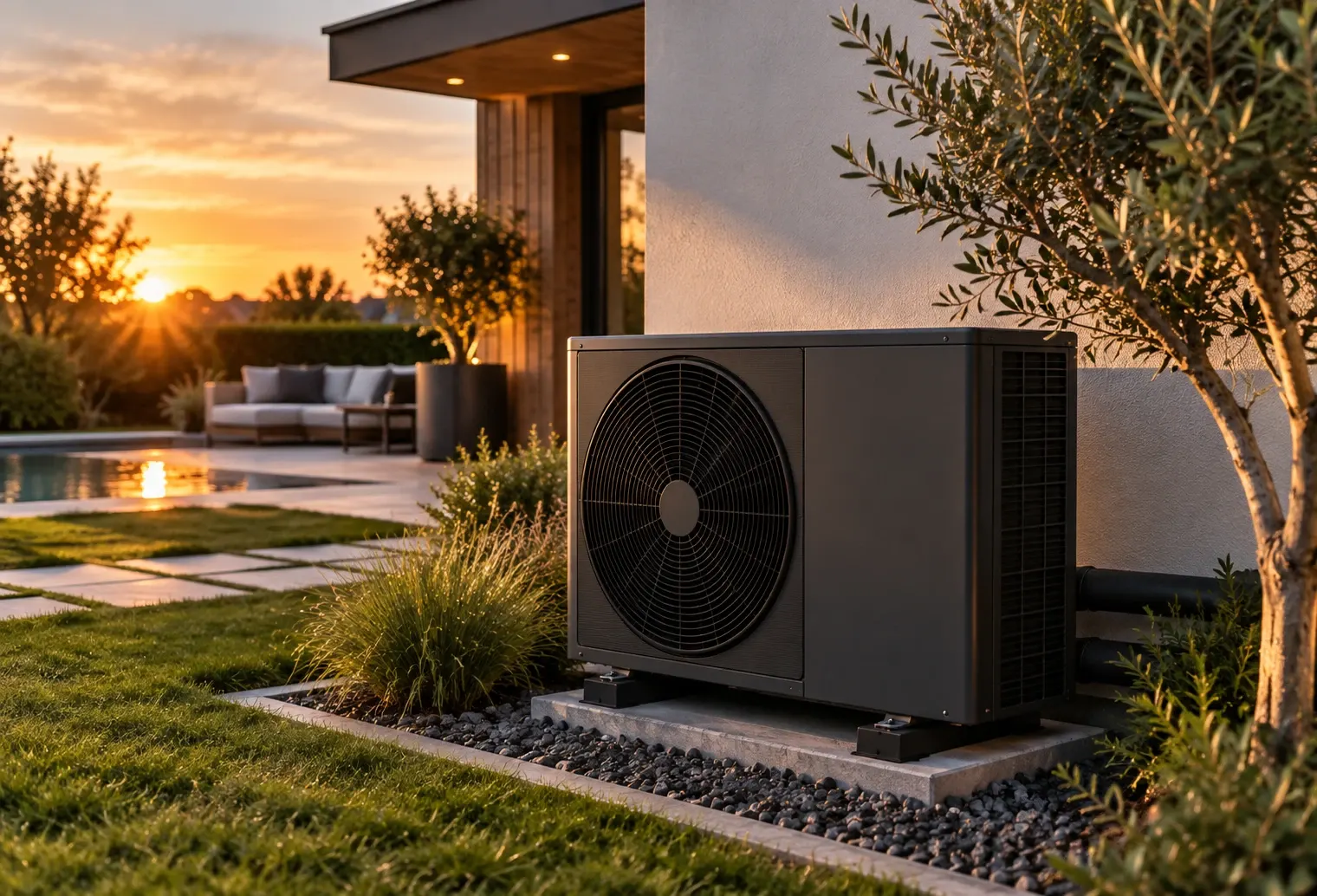 Een warmtepomp tegen de gevel van een woning, met tuin en terras bij zonsondergang