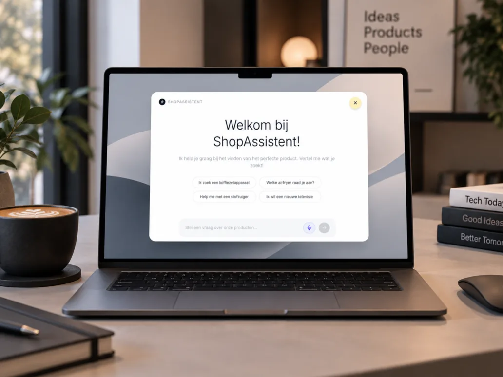 Een webshop met het gespreksvenster van Thinki open, met voorgestelde vragen over producten