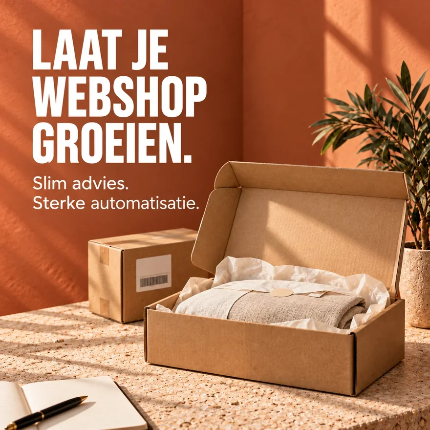 Een verzendklaar pakket op een tafel, met de tekst Laat je webshop groeien: slim advies, sterke automatisatie